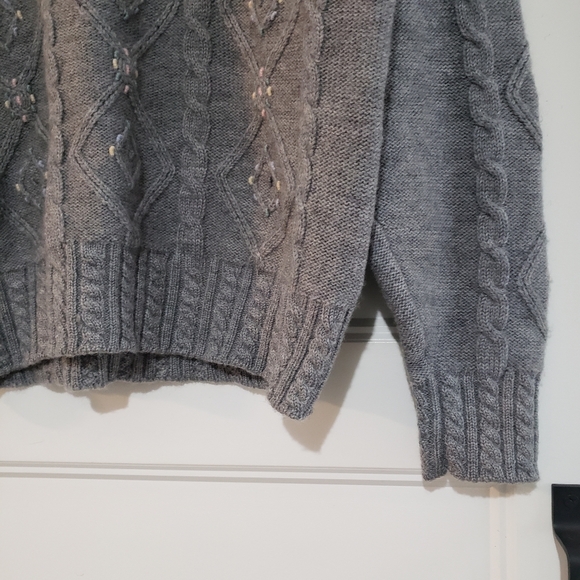 80s Fisher Hill Womens L Pure Wool Crewneck Sweater Embroidered Grey Cable Knit - Picture 4 of 9